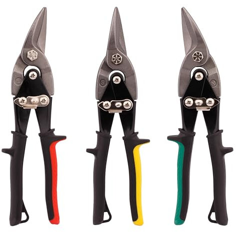 MIVOS Tin Snips Set of 3 - Left, Right and Straight Cut - Through-Through Scissors Made of Chrome Vanadium Steel - For Cutting Sheet Metal, Aluminium, Leather, Plastic, Copper, Plastic Panels