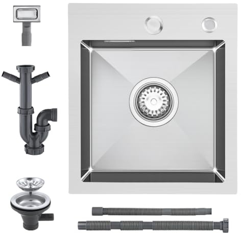 KEOKBON Topmount Stainless Steel Kitchen Sink 35 X 40cm -Single Bowl Outdoor Campervan Prep Drop-in Sink with Waste and Overflow, Small 1 Bowl Brushed
