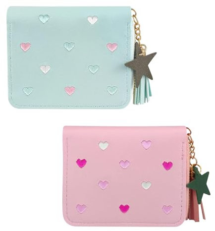 2 Stück Kleines Portemonnaie Damen,PU Mini Geldbörse Damen,Geldbörse Kinder Mädchen Weich,Kinder Portemonnaie mit Reißverschluss, Stickerei Anhänger für Kinder Mädchen Geburtstag Geschenk (Blau Rosa)
