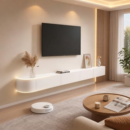 Flytande TV-stativ, hängande TV-bänk, träförvaringsskåp under TV, modern underhållningsenhet med 3/4 förvaringsutrymme, underhållningshylla, konsol (vit, 120 cm)