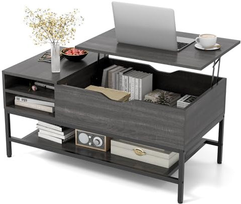 COSTWAY Lift Up Top Coffee Table, Wooden Lifting Cocktail Center Table with Hidden Storage Compartment and Open Shelf, Metal Frame Rectangle Accent Sofa Side Tea Table for Living Room (Grey)