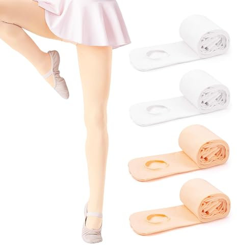 Ballettstrumpfhose Mädchen 4 Paar Geeignet 105-130cm Ballettstrumpfhose Damen Strumpfhose Ballett Mädchen Tanzstrumpfhose Kinder Geeignet für Tanzkurse Aufführungen Tägliche Kinder (Weiß Fleischrosa)