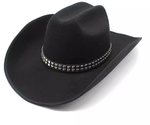 SLEDEZ Chapeau Haut De Forme Classique Pour Homme Chapeau melon en feutre de cow-boy occidental avec ceinture cloutée punk(Black)