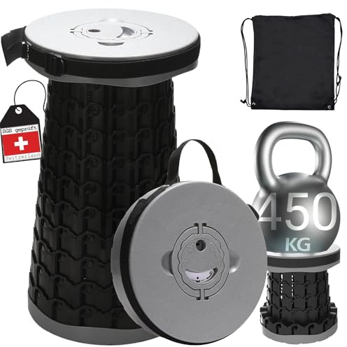 COOLYNX Tragbarer Mini Teleskop-Klapphocker, Verbesserter Dickerer Zusammenklappbarer Hocker, 450 kg belastbar Lightweight Folding Stool, Ideal für Camping, Angeln, Wandern, Grillen, (Grau)