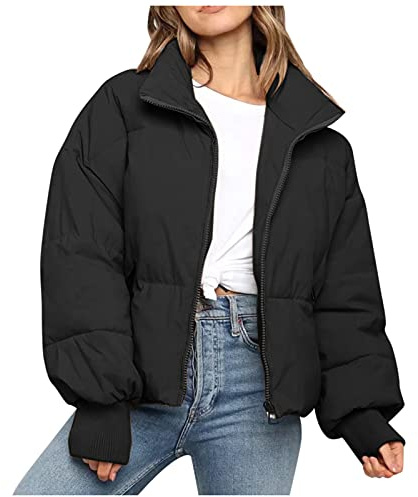 HOOUDO Winter Jackets for Women UK Warm Lightweight Quilted Down Puffer Coats Cropped Ladies Jacket Full Zip Padded Outwear