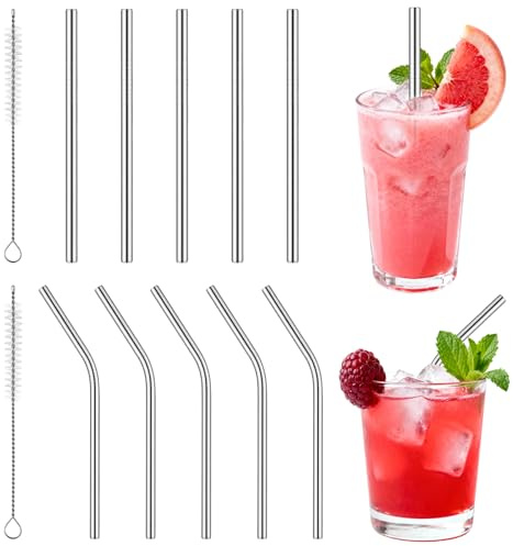 LIQWEI 10 cannucce corte in acciaio inox, riutilizzabili, in metallo, in acciaio inox, con spazzola per succhi e bevande (12,5 cm)