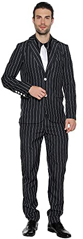 EraSpooky Men's 1920s Gangster Costume Wide Pin Stripe Suit Include Jacket Pants Shirt Front with Attached Necktie Size L