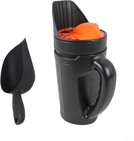Maceta esparcidora con pala para aplicación manual de suministros de jardín, incluyendo fertilizante de abono de hierba y sal descongelante