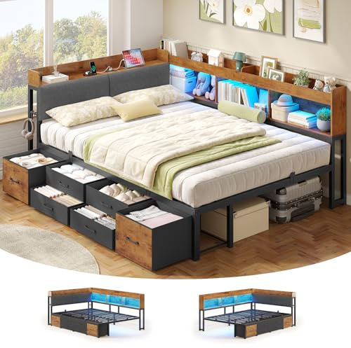 Polsterbett Schlafsofa 140x200 mit Stauraum Jugendbett mit 6 Staufächern & 6 Schubladen Bett 140x200 mit LED-Beleuchtung & Ladestation,Tagesbett mit Gepolstertem Kopfteil(Vintage Braun, 140x200cm)