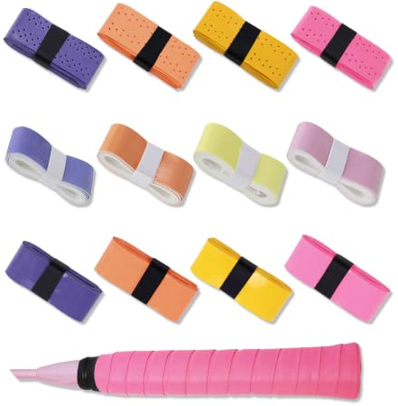 Pushiibee 12 Pièces Ruban Adhésif pour Raquette, Multicolore 110 cm Surgrip Badminton, Auto-Adhésif en PU Tennis Grip Tape pour Badminton Squash Sports de Raquette et Tennis de Table