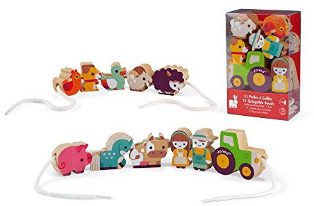 Janod - Threading Beads - Farm Theme - Develops Fine Motor Skills-FSC Wood Toy-Early-Learning Game-24 Months +