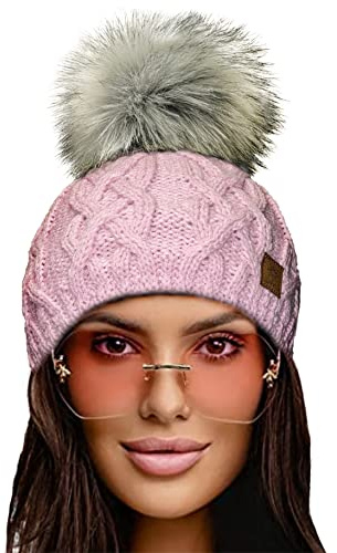 4sold - Gorro de punto suave para mujer, hecho a mano, forro polar y pompón de pelo sintético Rosa DEBORA ROSA Talla única