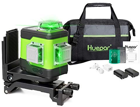 Huepar Niveau Laser Vert à 3x360 avec Batterie Li-ion Rechargeable, Laser Level Auto-nivellement Commutable Trois Lignes Laser à 360°, Batterie Li-Ion de Rechange et Sac à Outils Portable Inclus 503CG
