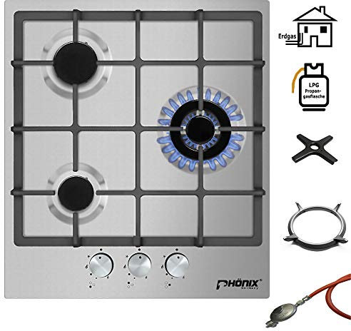 Phönix PS-450T - Fornello a gas da incasso in acciaio INOX, 3 piastre di cottura a gas propano/gas naturale, con regolatore del tubo del gas per bombole di gas propano + Accessori