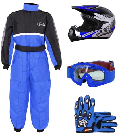 Zorax ZOR-X19 Youth Motocross Helmet & Gloves & Goggles & Motocross Suit | Helmet Blue L (53-54cm) - Gloves L(7cm) - Suit L(9-10 Years) Children Dirt Bike Off Road Motorbike Helmet ECE 2206