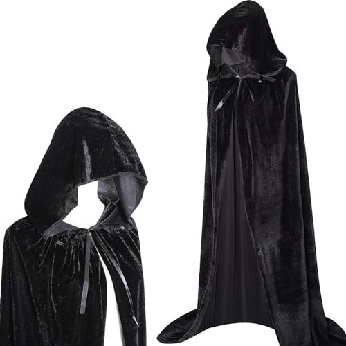 Winwild Schwarzer Umhang mit Kapuze,150CM Samt Cape Vampir Kostüm Damen Herren Erwachsener für Karneval Halloween Cosplay Kostüm(L)