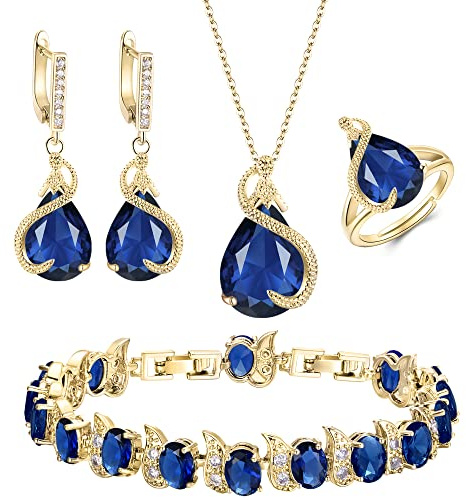EVER FAITH Juego de 4 joyas de gota de circonita cúbica, collar y pendientes, pulsera de tenis y anillo abierto para mujer, boda, fiesta, tono plateado claro, Circonita cúbica