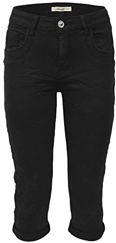Jewelly Jean capri pour femme au look crash | Pantalon Boyfriend avec fermeture éclair et boutons décoratifs, Noir , 36