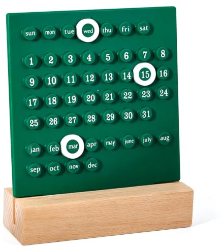 Adornos De Calendario De Escritorio Con Base De Madera, Calendario Perpetuo De Escritorio De Configuración Manual, Virola Manual De Anillo DIY, Planificador De Fecha De Programación Diaria(Verde)