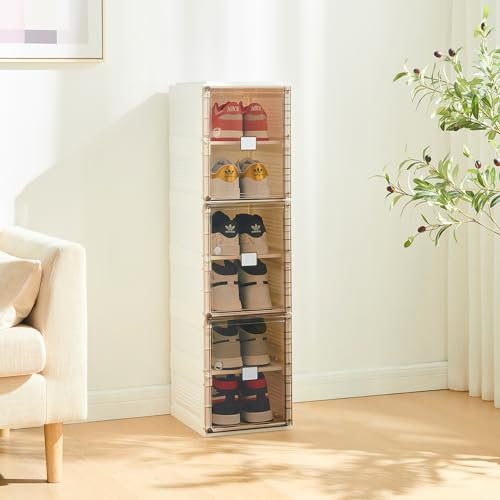 Nilpferd schuhboxen mit 6 Fächern, Aufbewahrungsbox mit transparenten Türen, Magnetverschluss, faltbare und stapelbare Schuhkartons Schuhregal Schuhschrank für Schuhe (1 Reihe mit 6 Würfel)