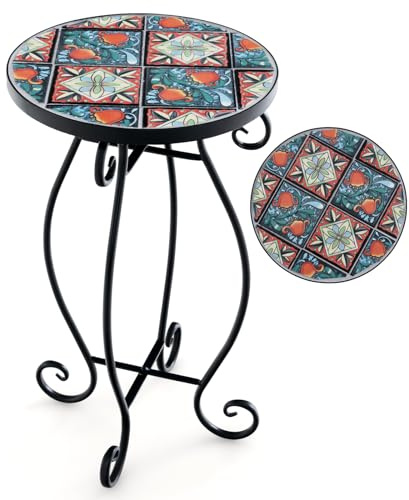 HOMASIS 30 x 30 x 50 cm, tavolino da giardino con motivo a mosaico, supporto per piante con piano rotondo in metallo e piastrelle, stabile tavolo da balcone per giardino, balcone e soggiorno (rosso e