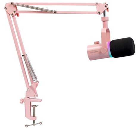 Feelworld PM1 XLR USB Micrófono Dinámico con Brazo Boom para Grabación de Podcast PC Ordenador Gaming Live Streaming Micrófono de Metal, Luz RGB, Botón Mute, Jack Auriculares (Rosa)