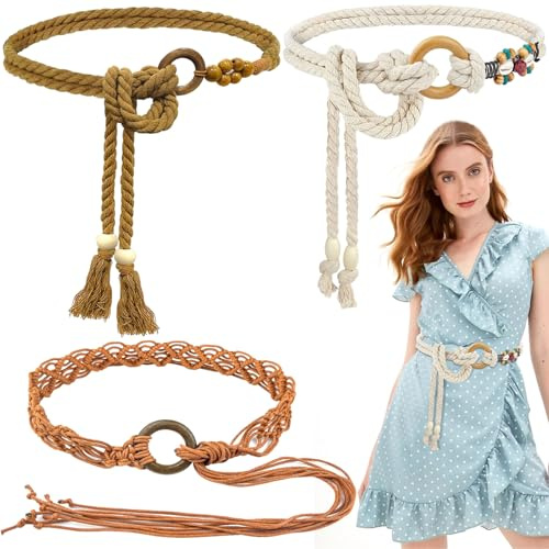xianzhanEU 3 pezzi corda di cotone cintura in vita da donna, stile retrò, alla moda, cintura intrecciata, cintura da legare, cintura per abito, abbigliamento da donna, camicie, maglioni, marrone, 140