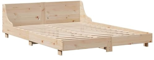 vidaXL Cadre de lit double en pin massif avec tête de lit – 160 x 200 cm – Marron – Cadre de lit en bois pour chambre à coucher