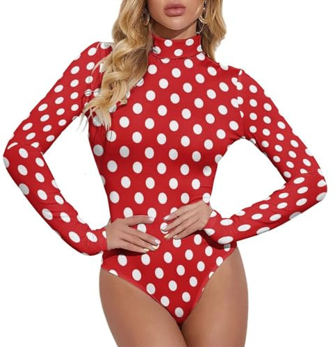 VOSERY Body de manga larga con lunares rojos para mujer, cuello alto, mono alto, para mujer, control del vientre, Estilo-36, L