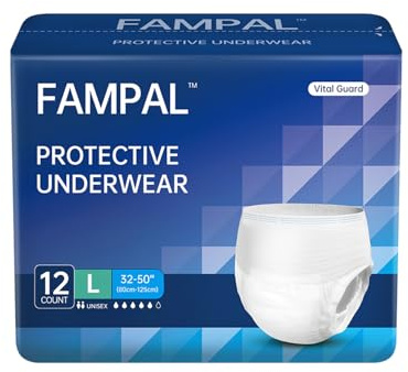 FAMPAL Vital Guard Adult Incontinence Pants for Men and Women, Disposable Pull-Up, Odor Control, Overnight Protection, Unisex, Large, 12 Count