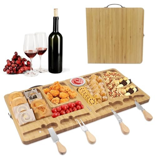 MoYouno Charcuterie ostbräda med ostknivsats, karakteristisk bräda, present, foldin, ostbräda med ostknivsats, ostplatta av trä, perfekt för jul bröllop och inflyttningspresenter (1)