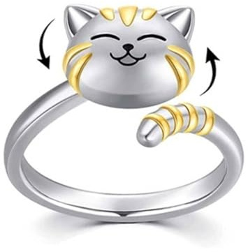FDCGAS Anillo giratorio con forma de gato para aliviar la ansiedad, ajustable y abierto, chapado en plata de ley, ideal para el estrés, el aburrimiento, el TDAH y el autismo, para apilar,como regalo