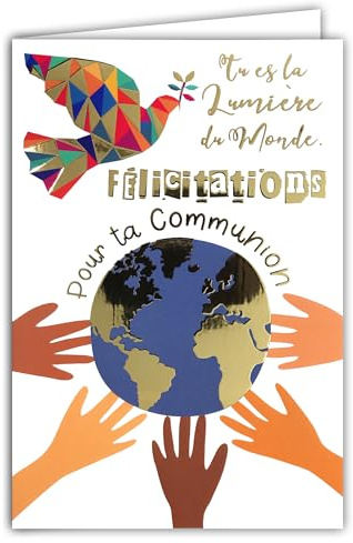 68-6007 - Tarjeta de felicitación por tu comunión niño niña cristiana católica de Paloma de la Paz en oro dorado Espíritu Santo Planeta Tierra – con sobre blanco formato 12 x 17,5 cm fabricado en