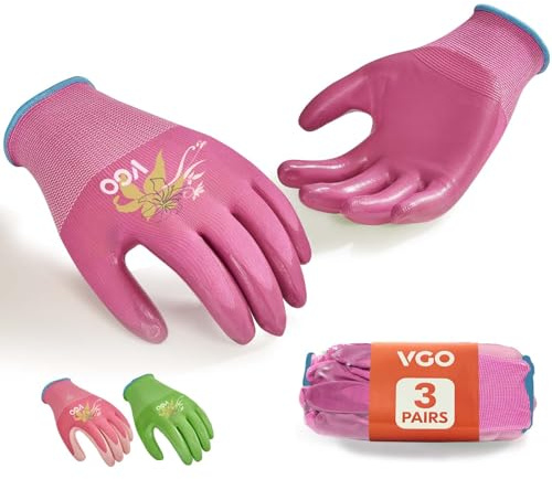VGO 3 Paires Gants de Jardinage Femmes - Enduit Nitrile Antidérapant, Lavable en Machine, Respirant, Flexible pour l'Extérieur, le Bricolage, le Ranch, Camping(NT2110-FM,Vert&Rose&Violet,L,3 paires)