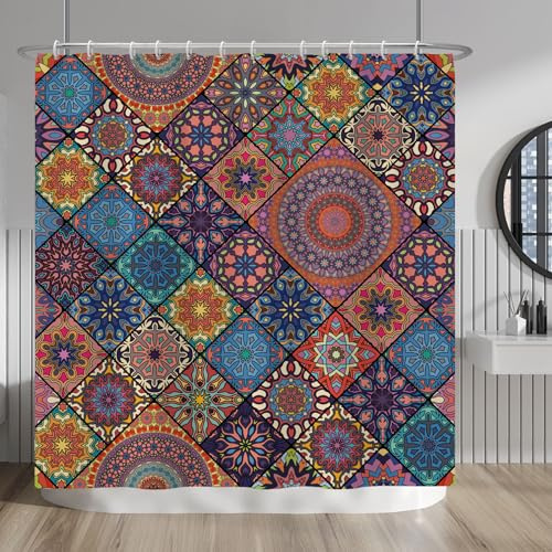 Baocicco Bohemian Mandala Flower Shower Curtain Sets Colorful Paisley Design Bathroom Curtain Vintage Chic Exotic Indian Waterproof Polyester Fabric 72x72 Inch Set with 12 Hooks Hotel Family Bathtubs