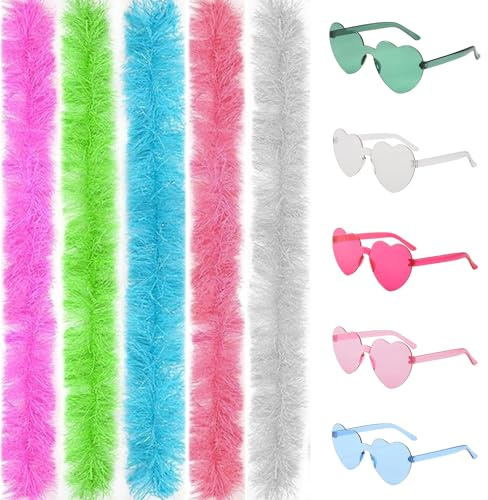 5PCSfeather Boa,5PCS Frameless Sunglasses,feather Boas Multipack,Sturdy and Durable, The Fluff Is not Easy to Fall Off, Suitable for Theme Parties, Cosplay and Halloween Costumes.