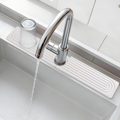 comfoyar Tappetino per Rubinetto in Pietra, Protezione per Lavello per Lavello da Cucina Paraspruzzi, Diatomite Tappetino ad Asciugatura Rapida per Ripiano Bagno, Super Assorbente, 60×10cm, Bianco