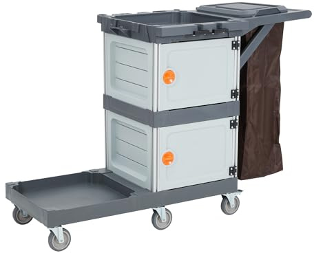 Carrello Pulizia Professionale a Doppio Cassetto con Coperchio per Rifiuti, PP+ABS+Alluminio, Ruote Silenziose TPR 4, Ideale per Ufficio, Casa e Esterni