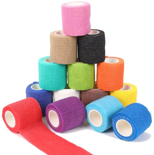 QNLEMON Bande Cohésive,14 Rouleaux Bande Adhésive Elastique Pansements Vet Wrap Élastique des Sports Bandage pour Doigt Poignet ou Cheville,Ruban Humain et Animal (5 cm x 4,5 m)