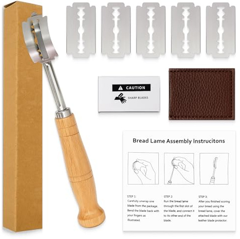 zizitips Taglierino per Pane, Coltello da Pane 19 CM con 5 lame in acciaio inox 06Cr13, manico in legno fatto a mano, custodia in pelle, utensile professionale per pane, baguette e ciabatta