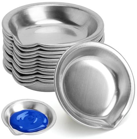 TMZELOA 12 Godetes Pintura Acero INOX Mini Paleta Redonda 5cm con Pico Vertedor Bandeja Mezcla Pintura Reutilizable para Artistas Escuela Taller para Acuarela acrílico Manualidades