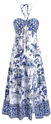 SweatyRocks Vestido halter de verano para mujer, vestido boho bandeau, vestido de playa con flores, vestido maxi vestido de verano ligero con flores, azul, L