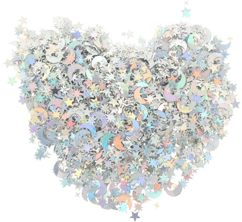 Confeti de Estrellas y Luna en Plata Pet para Manualidades y Adornos de Fiestas, Adecuado para Esparcir en Mesas y Proyectos Artísticos Varios estilos