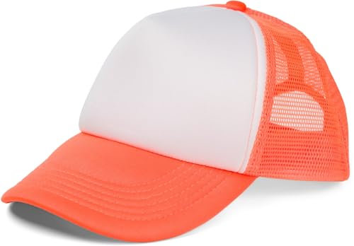 styleBREAKER Unisex 5-Panel Trucker Cap mit Mesh-Einsatz | verstellbares Basecap mit Click Snap Verschluss | luftiges Netz Cap für Damen und Herren, Farbe:Weiß-Neonorange
