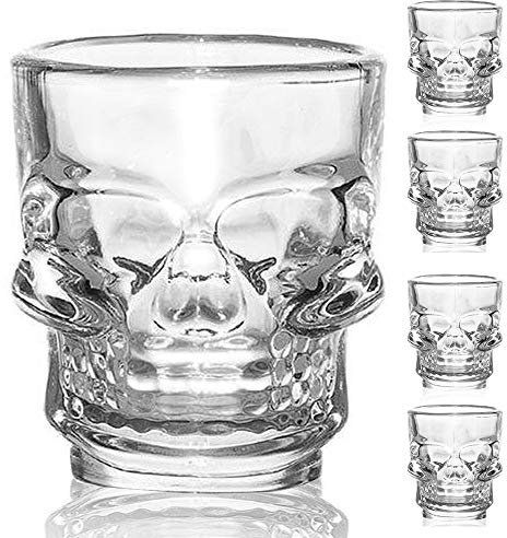 Juego de 4 vasos de chupito de calavera | Vasos de chupito de 25 ml y 50 ml | Vasos de chupito de Halloween para fiestas | Vaso de chupito de calavera Juego de vasos de calavera prensados duraderos