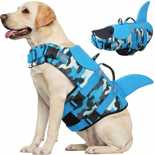 CITÉTOILE Gilet de Sauvetage pour Chien, Gilet de Sauvetage pour Chien avec poignée et réfléchissant, avec Une Bonne flottabilité, léger et sûr pour Les Sports Nautiques, Bleu, Camouflage, XL