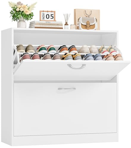 FirFurd Zapatero Madera, Mueble Zapatero Estrecho, Zapatero 2 Puertas, Armario para 16 Zapatos, para Entrada, Pasillo, Moderno, Blanco, 80x23.5x80cm