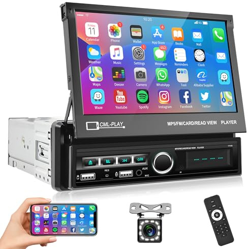 Radio de Coche 1 DIN con Bluetooth Manos Libres iOS/Android Mirror Link 7 Pulgadas Retráctil Pantalla Táctil Radio Coche con Bluetooth FM/TF/USB/AUX/DVR/7 Colores Control del Volante + Cámara Trasera