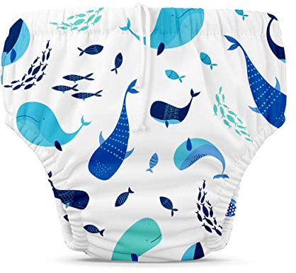 Charlie Banana Reusable Swim Diaper, Washable, Adjustable Drawstring Diaper for Baby Girls Boys, Reusable, Washable, Waterproof Fit to Prevent Leaks - The Whale on White, Size M (16-28 lbs.)