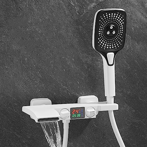 XJTNLB Wannenarmatur mit Handbrause Badewannenarmatur Wasserfall mit Brause mit Digitaler Bildschirm 3 Modi Bad Armatur Badewanne, Weiß